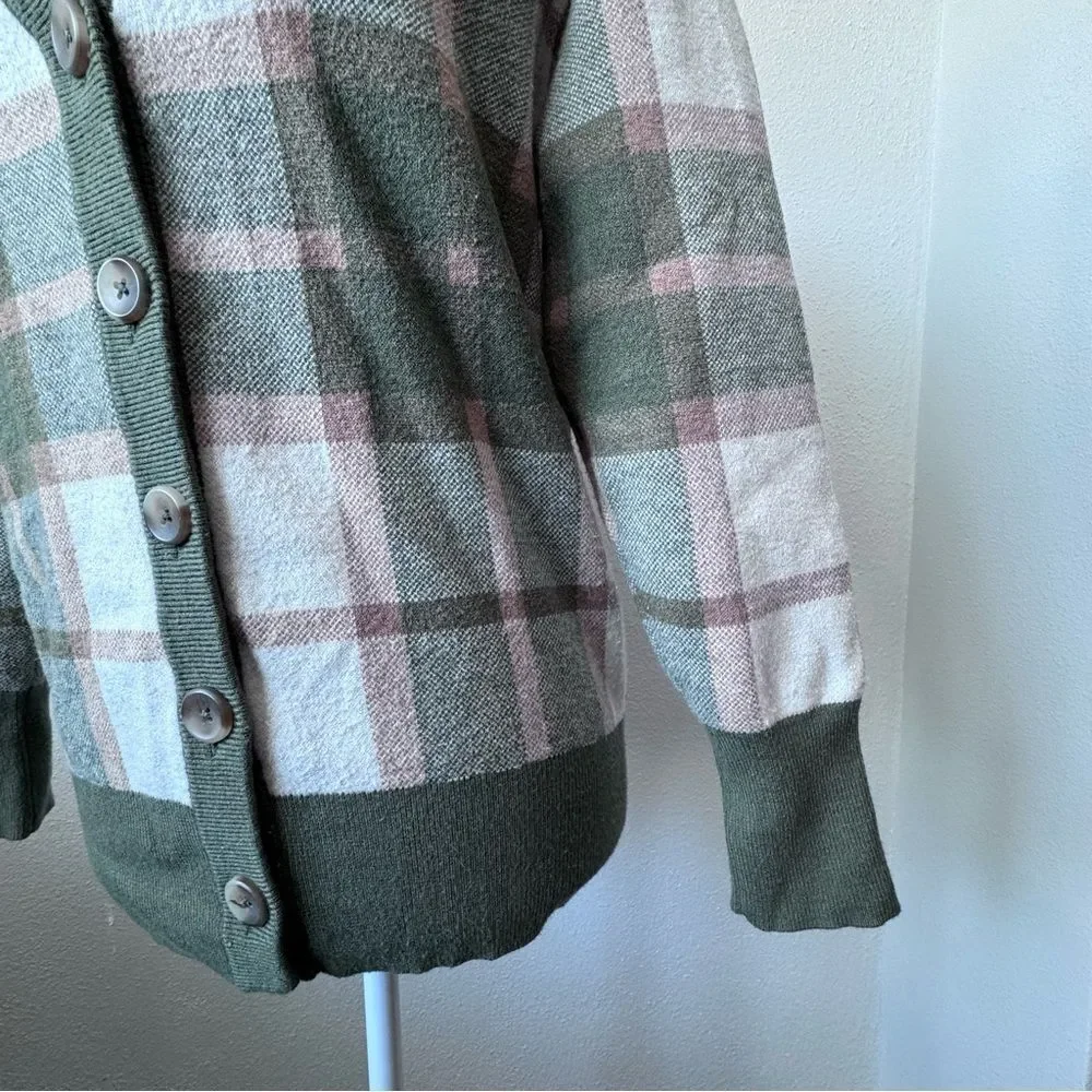 Rachel Zoe Plaid Sweater Brown Green White Cardigan Preppy Classic SZ XS
